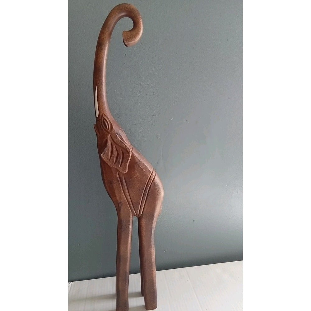 Wooden Elephant Statue Hand Carved Trunk Up Good Luck Home Decor