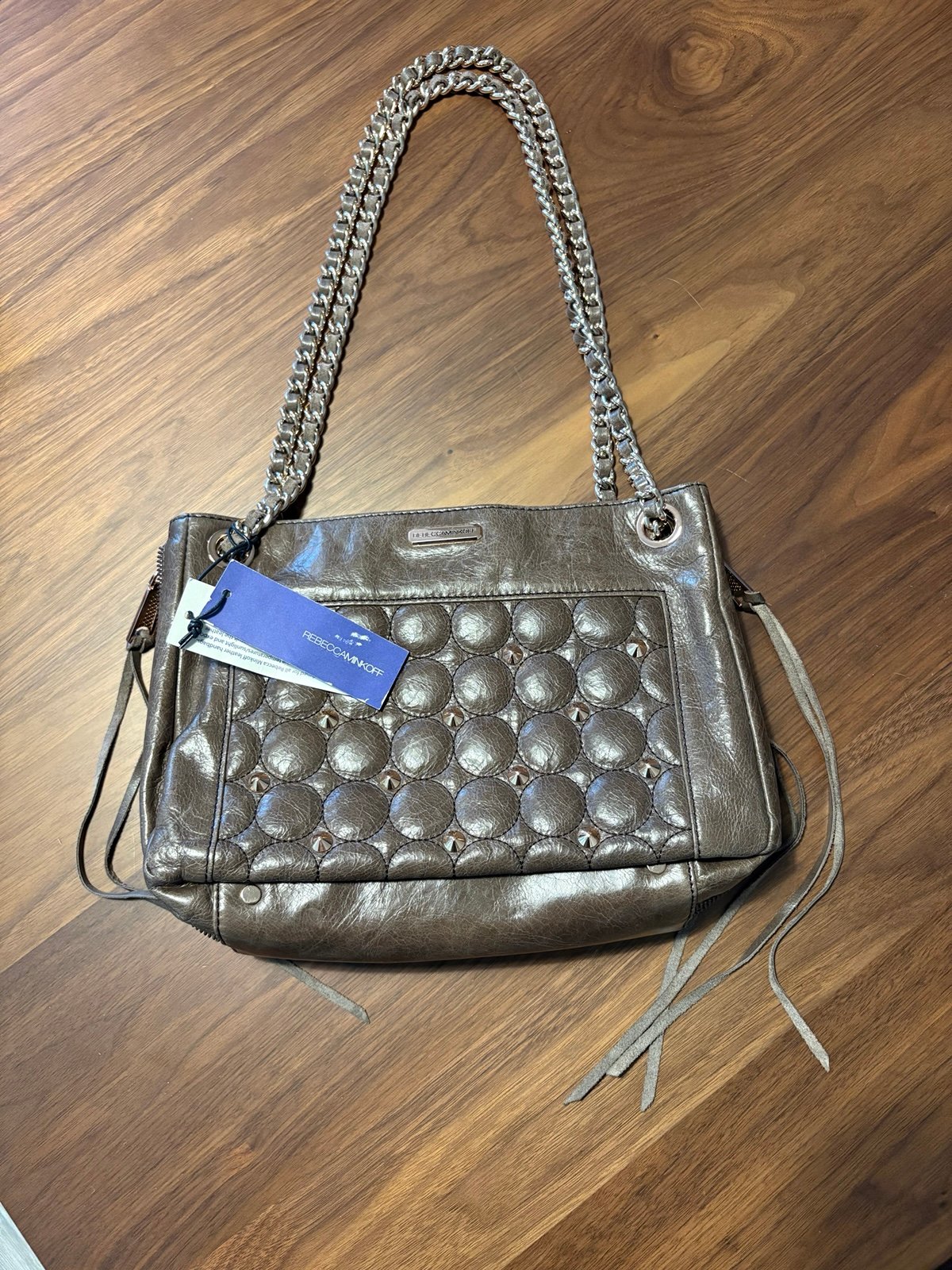NWT Rebecca Minkoff distressed brown leather rose gold studded bag