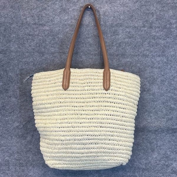 TALBOTS Straw Bag Women's Cream Brown Leather Trim Shoulder Tote Boho Purse EUC
