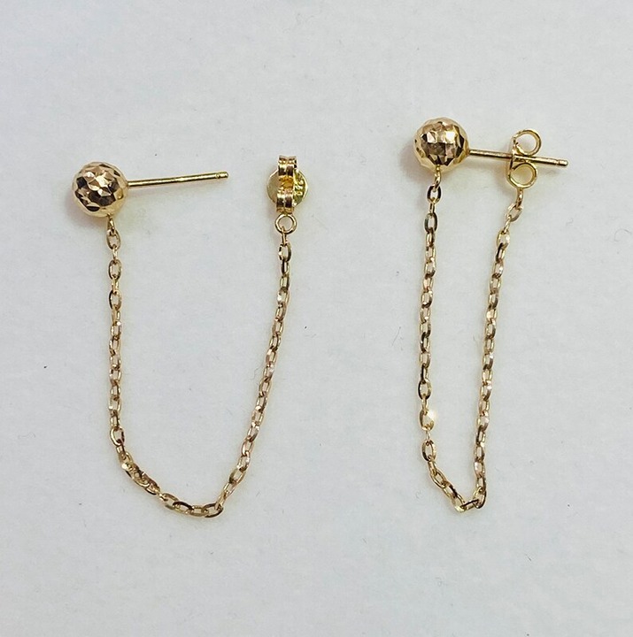 18k Solid Gold Ball Dangle Stud Earrings Diamond Cut 6MM , Ball Earrings with Ch