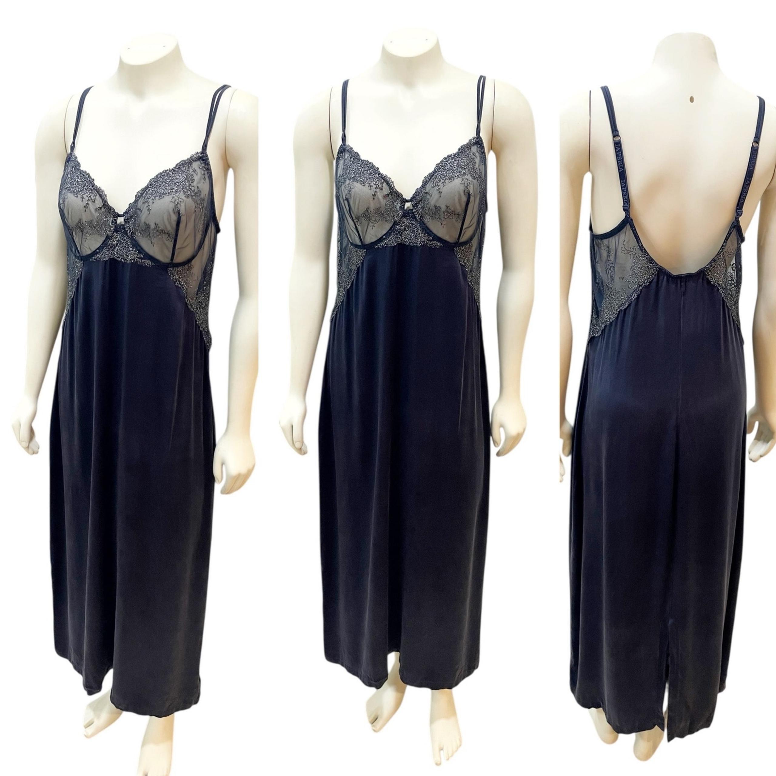 La Perla Long Navy Blue Nightgown Silk Lace Soft Romantic Large