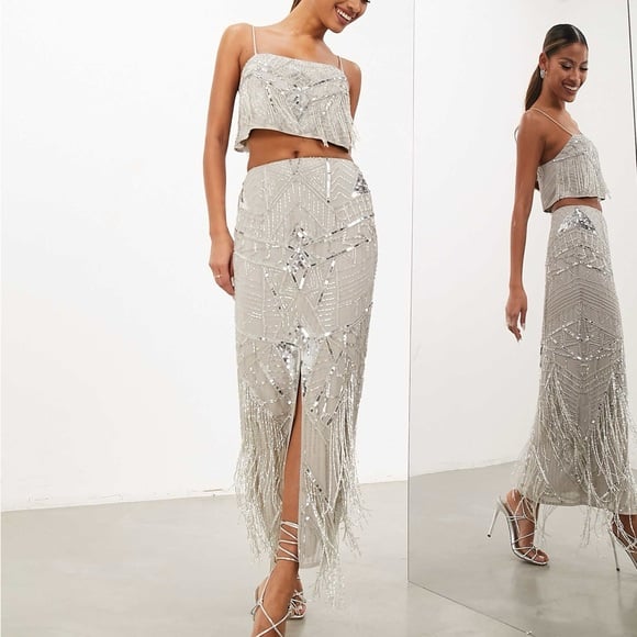 NWT ASOS Edition Sequin And Fringe Artwork Midi Skirt In Pale Gray Size 10