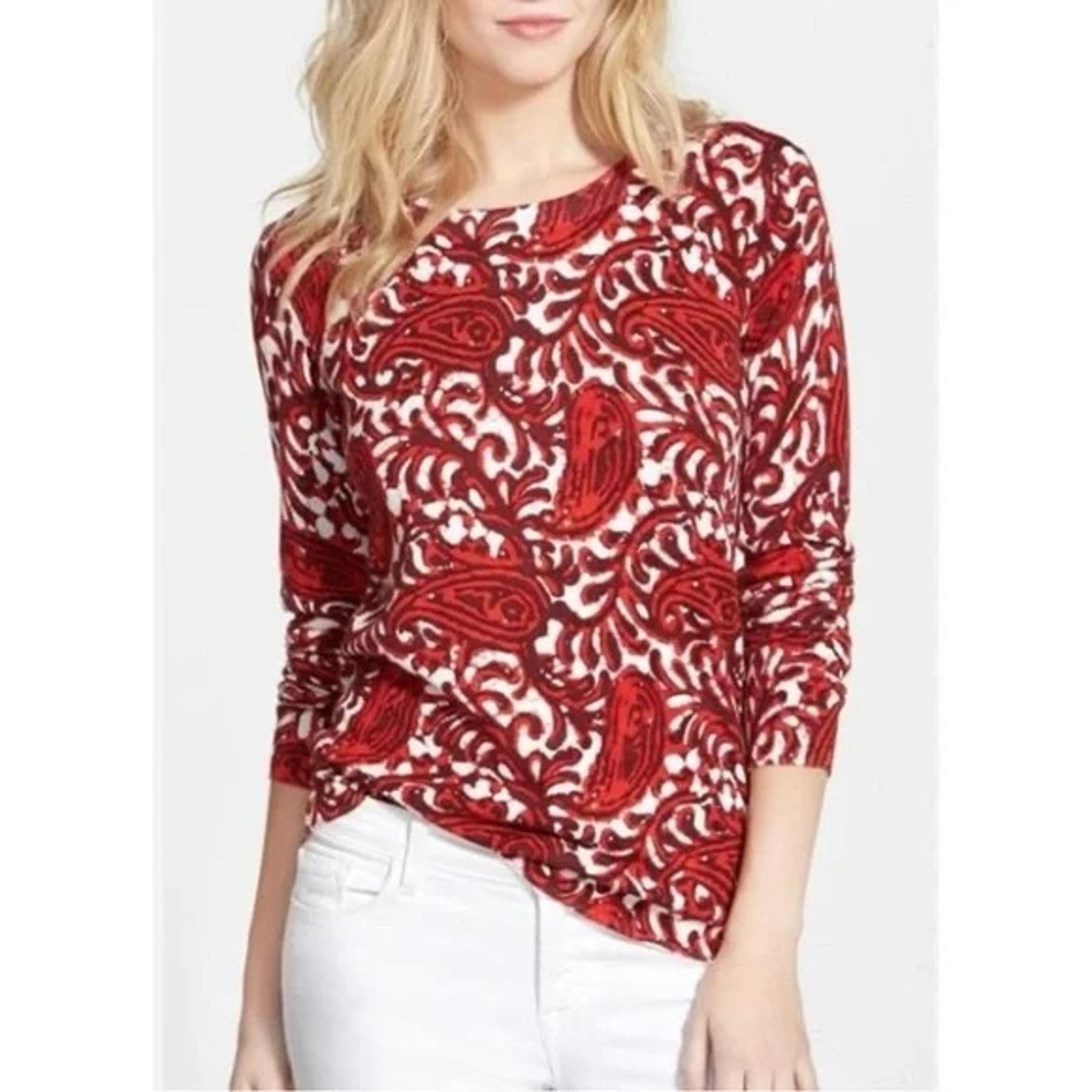 Michael Kors Red Paisley Print Crew Neck Sweater Top