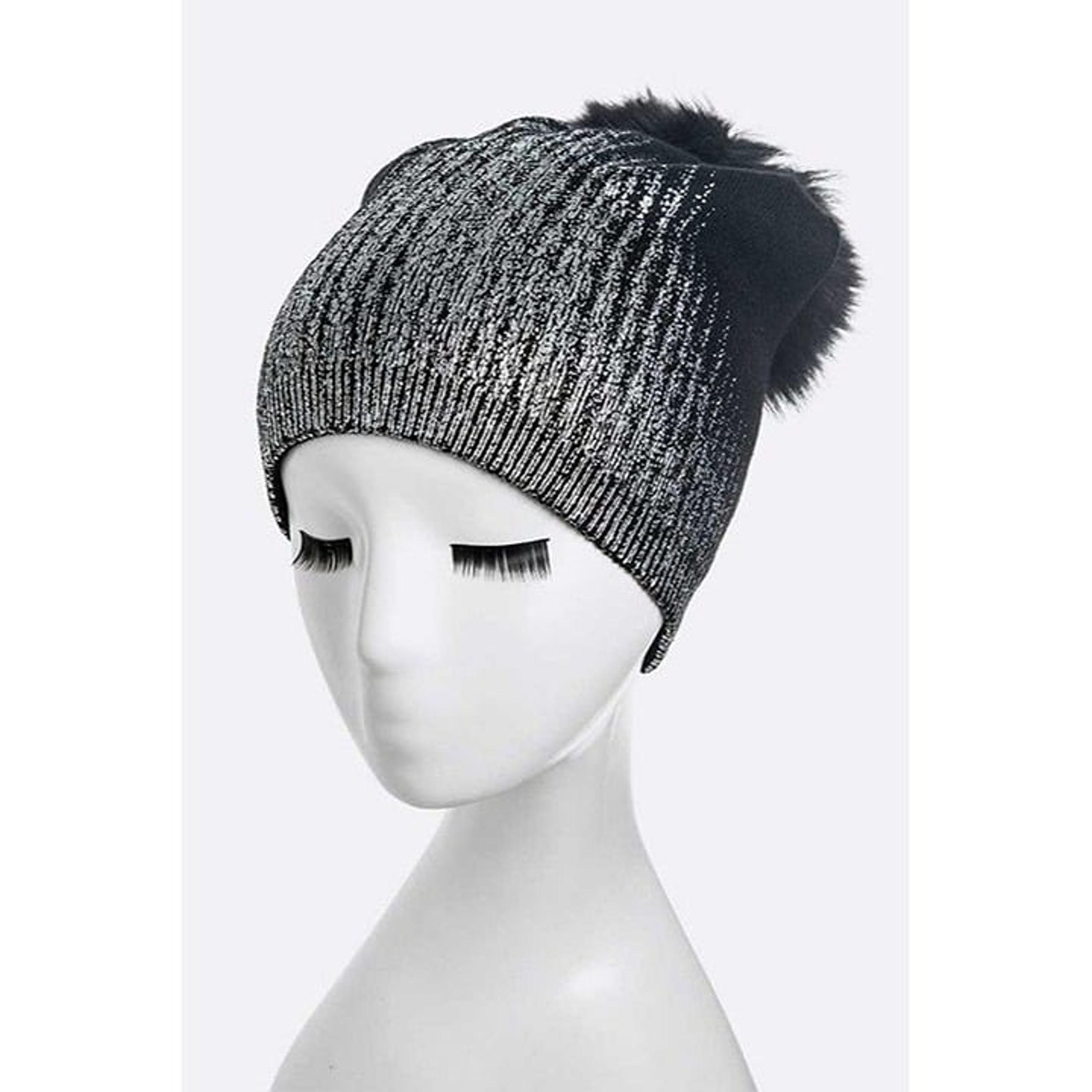 Metallic Cashmere Fur Pom Beanie