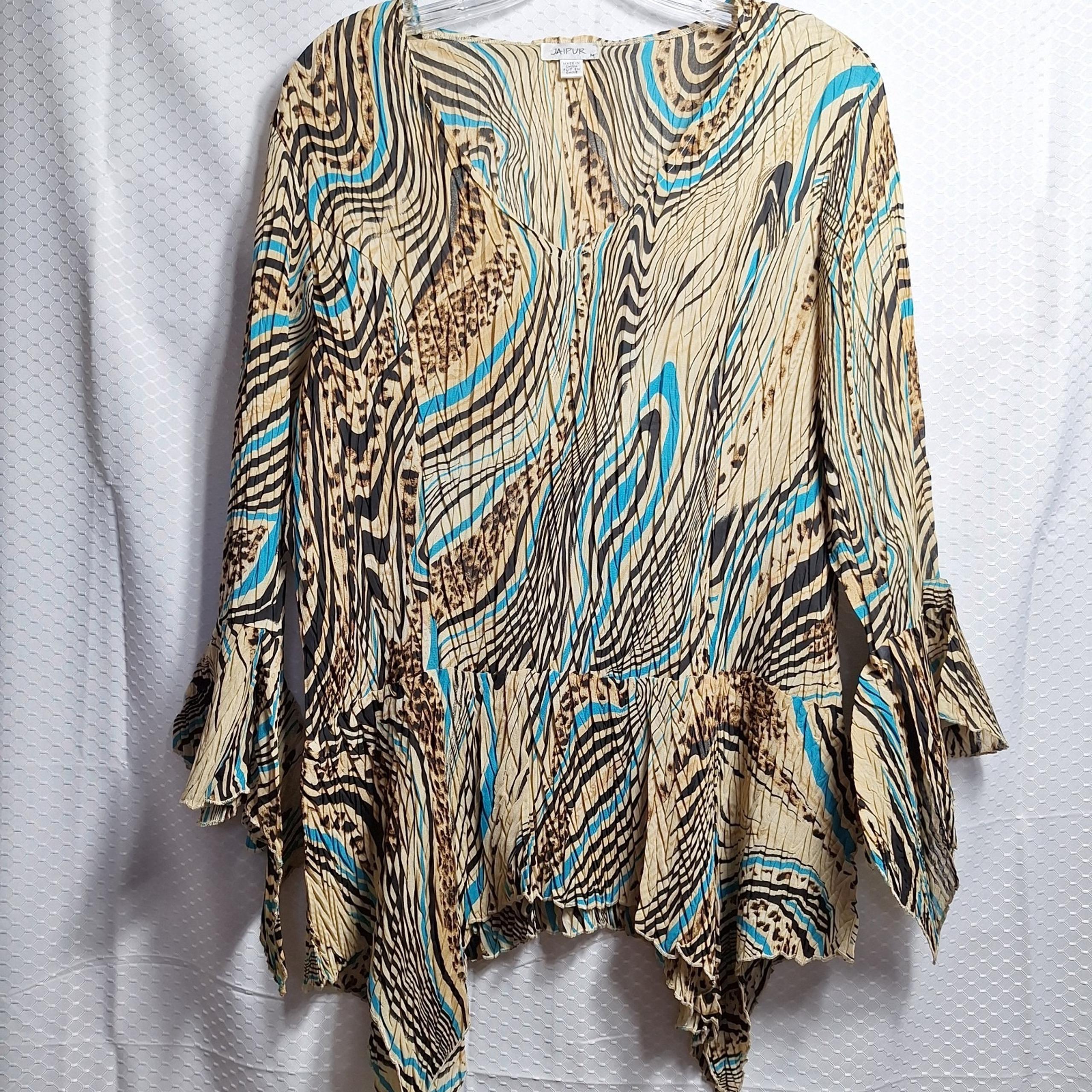 JAIPUR 90s Y2K Crinkle Shark-Bite Hem Top Sz M Multi Animal Print Fairycore Boho