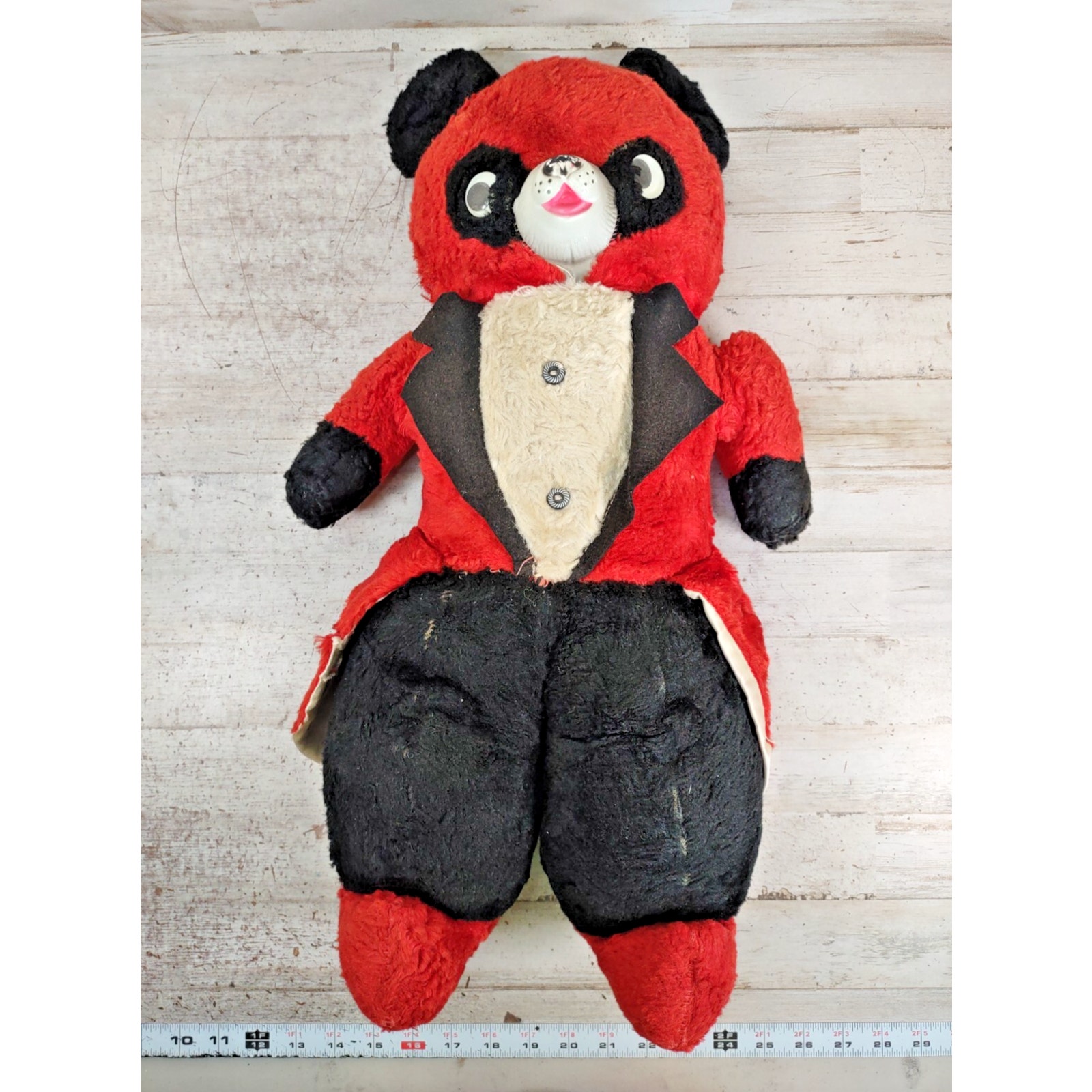 Vintage Rubber Nose Googly Eye Brown Teddy Bear in Tuxedo Plush Toy 1950s 20