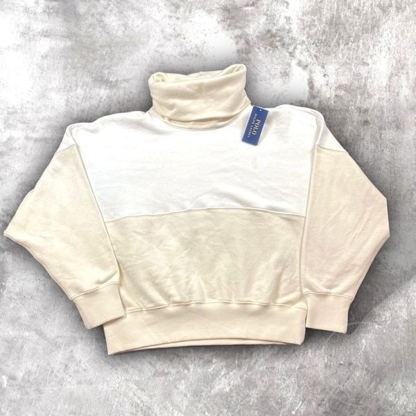 Polo Ralph Lauren Womens Two Tone Funnel Neck Cropped Sweatshirt Large
