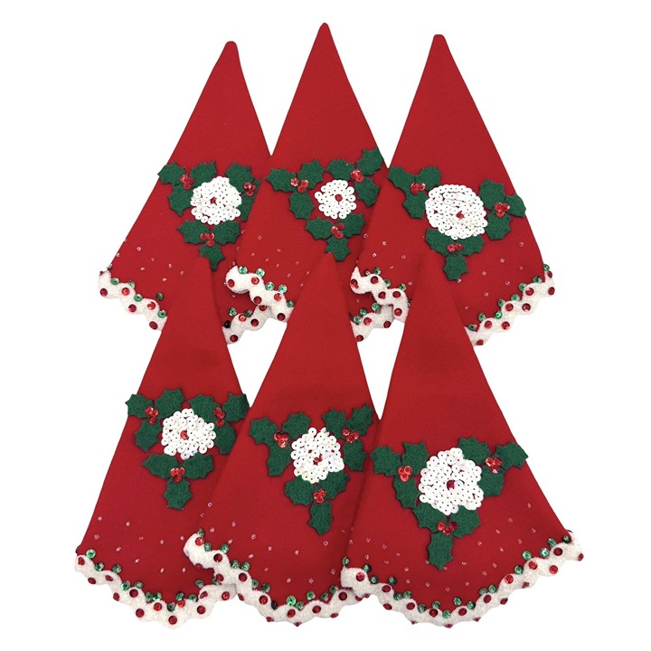 VTG Christmas Napkin Cuffs Holders Handmade Beads Sequins Felt Holly Set of 6