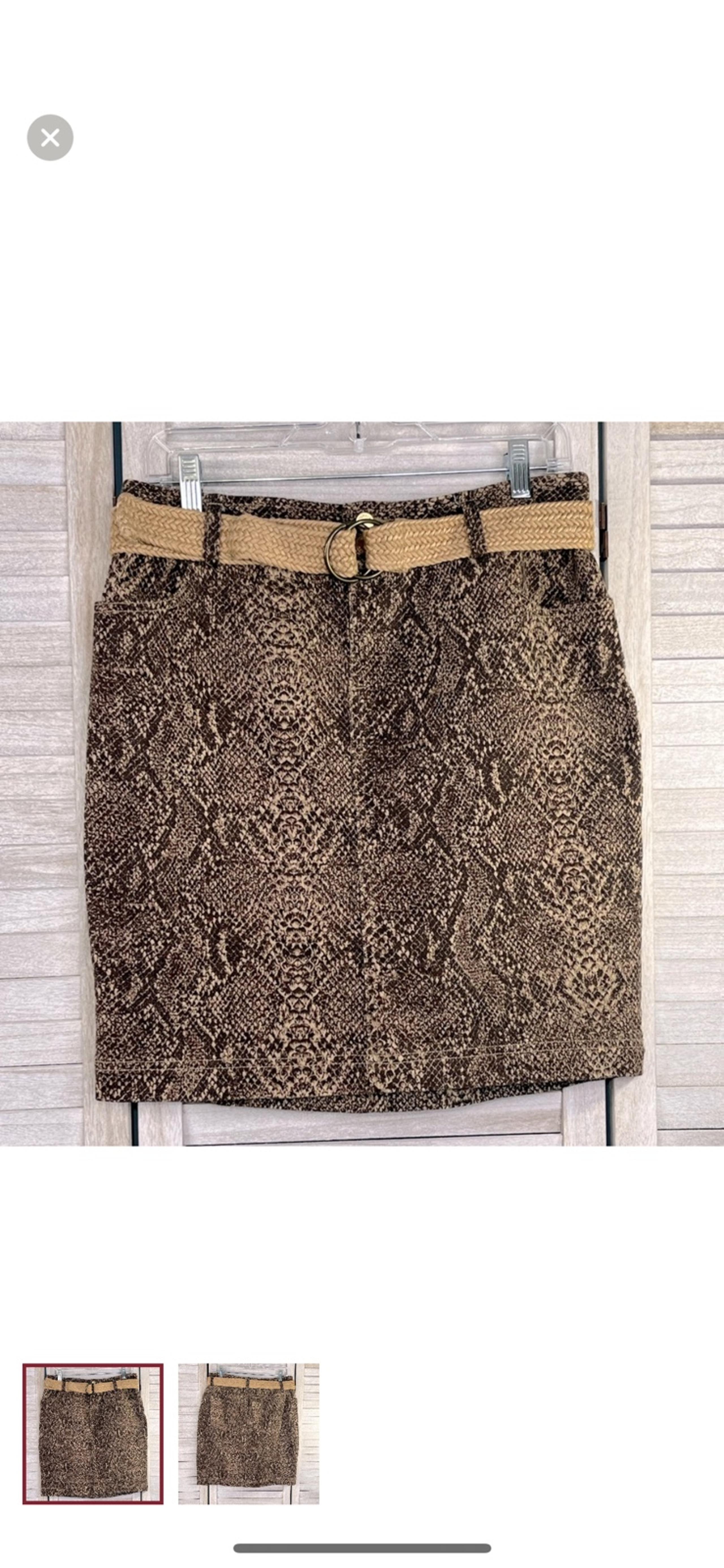 CHAPS Brown Snakeskin Pattern Stretch Denim Mini Skirt w Belt-6