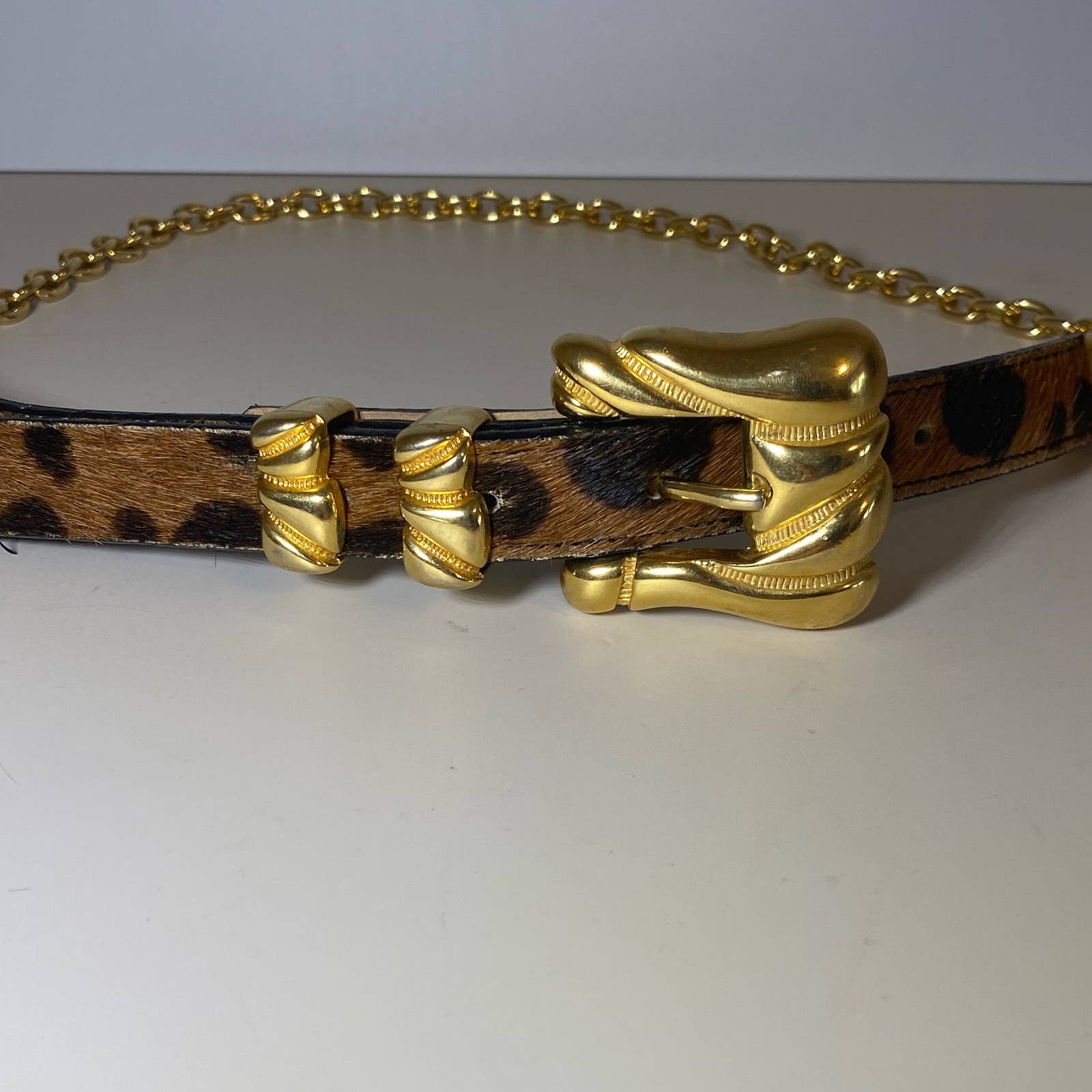 BB Simon Belt Brown Leopard Print Genuine Leather and Gold Chain Size Large