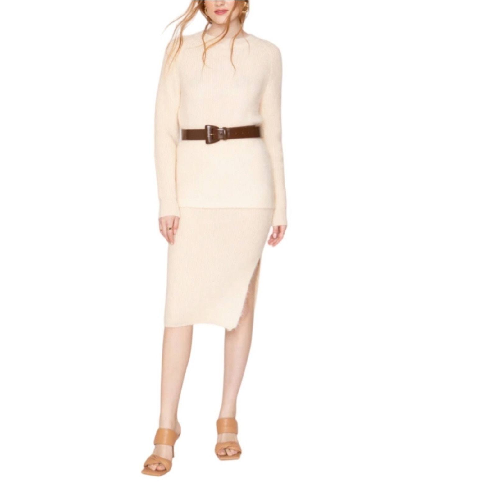 NWT Callahan Knitwear Genny Fuzzy Knit Midi Skirt Cream