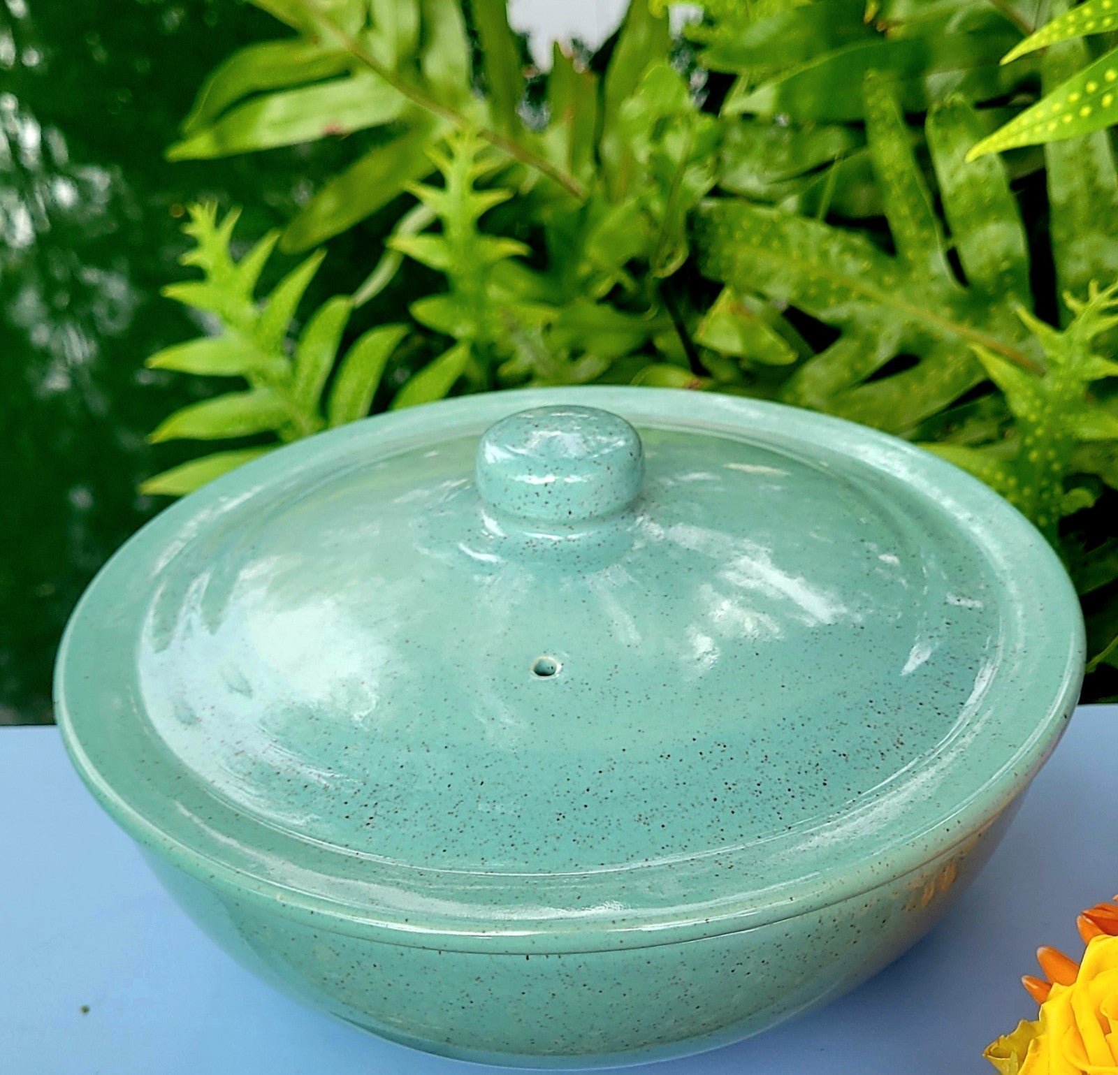 Vintage Covered Speckled Turquoise Casserole 1950's MCM.