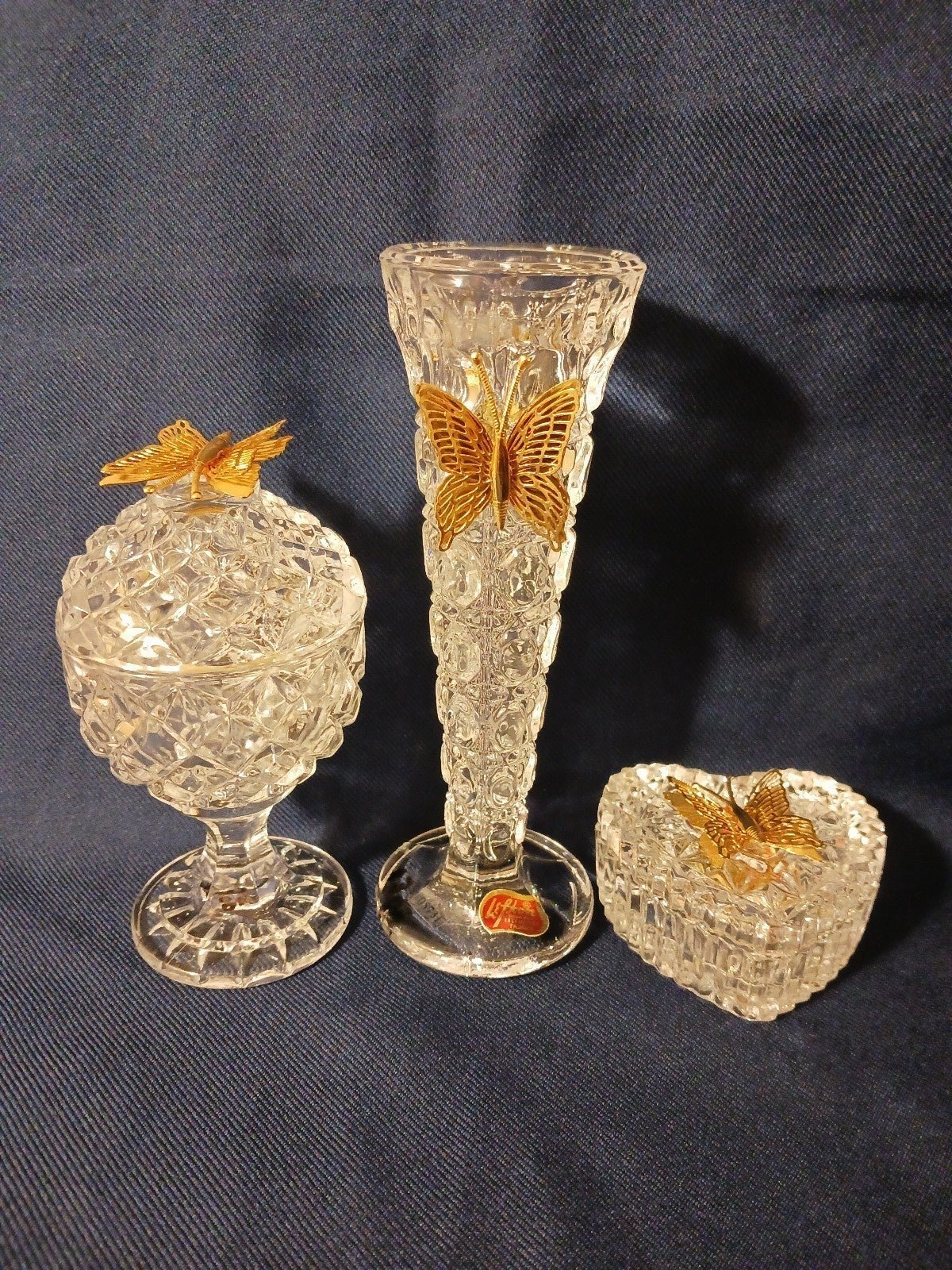 3 Vintage Lefton Crystal Pieces With Metal Gold Butterflies