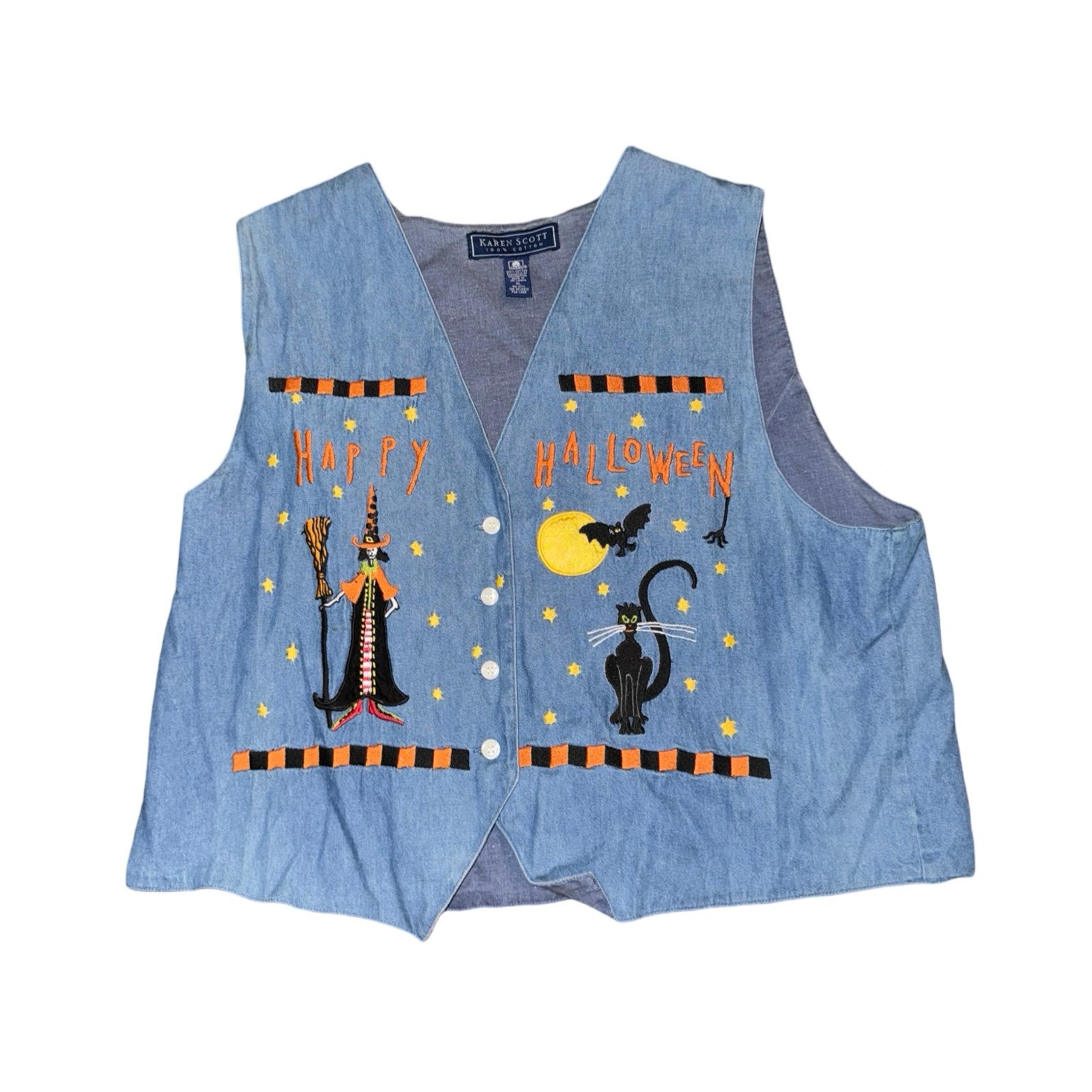 Happy Halloween Vintage Denim Embroidered Vest by Karen Scott: Womens XL