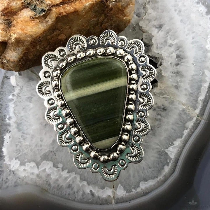 Kevin Rey Coriz Native American Sterling Green Agate Ring Size 7.5 For Women