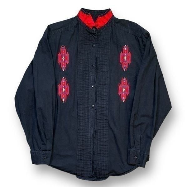 Vintage Wrangler Shirt Black Red Southwest Aztec Detail Long Sleeve Button Up