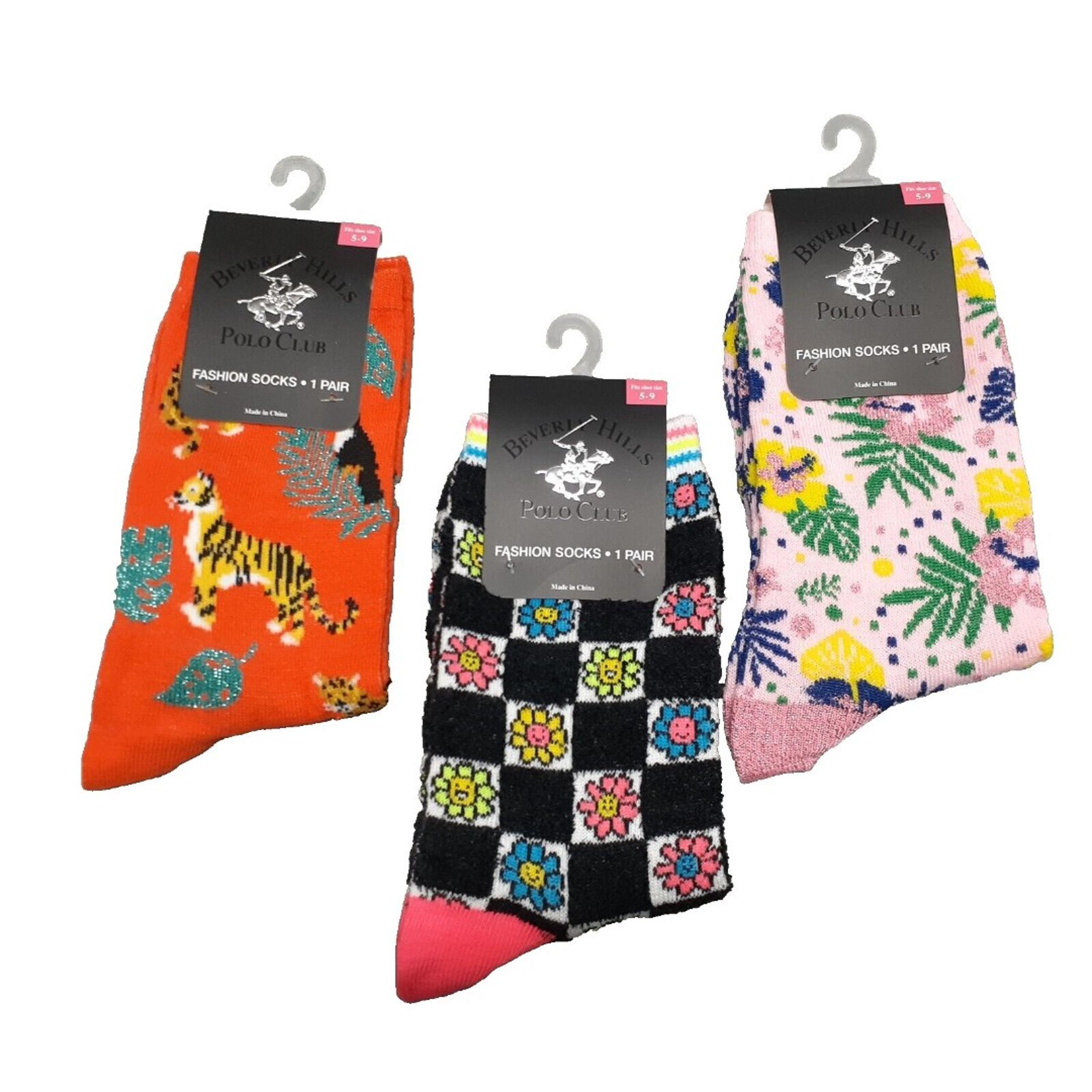 Beverly Hills Polo Club Crew Socks Checkered Flowers Jungle Hawaiian Women Sz5-9