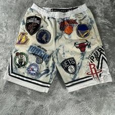 VTG UNK NBA ALL OVER DENIM SHORTS MENS XL BULLS KNICKS LAKERS Patchwork Pull On