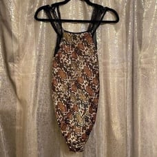 Free People Nights Out Snakeskin Satin Brown Black Strappy Bodysuit L NWOT
