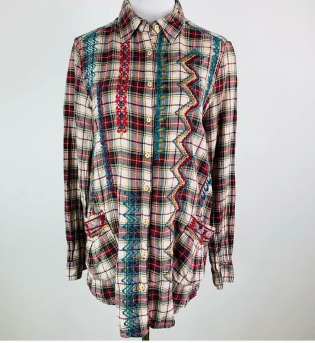 Johnny Was Plaid Embroidered Pocket Detail Button Down Shirt Small