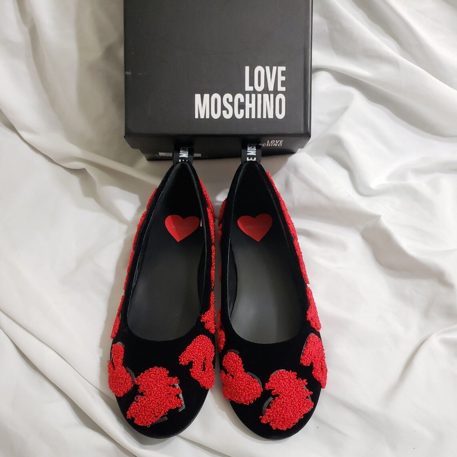 NIB Love Moschino Flats Scarpad Carlo10 Velluto Nero Hearts Velvety Black S6.5