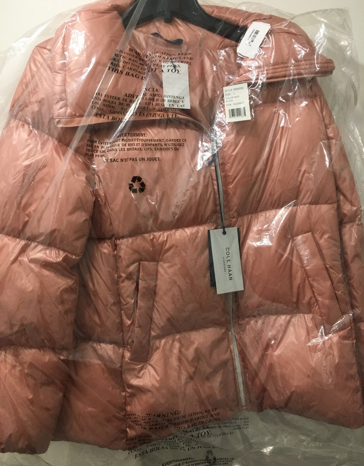 Cole Haan pink puffer down coat L NWT