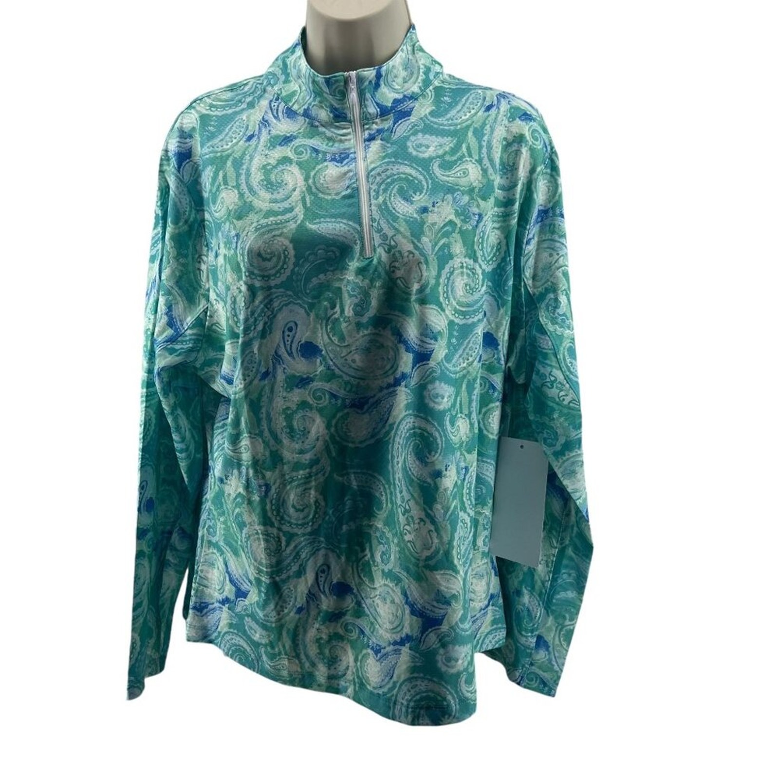 Gottex Paisley Turquoise Quarter Zip Top Golf Tennis Womens Size Xlarge