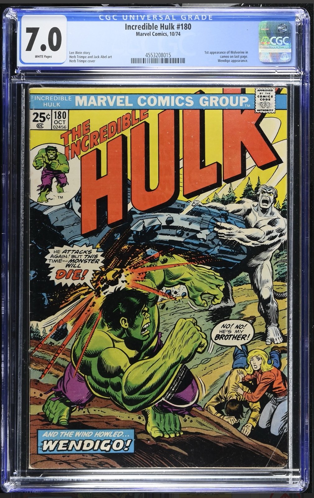 The Incredible Hulk #180 CGC 7.0 1st App Of Wolverine Cameo 1974 Bronze Age