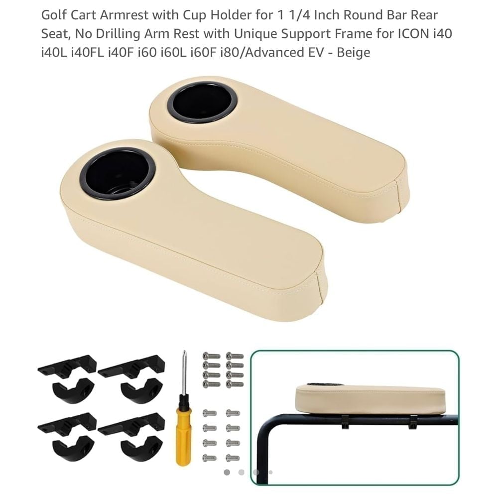 Golf Cart Armrest with Cup Holder - No Drill, ICON i40 Compatible