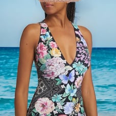 218 NWT Johnny Was cross back one piece floral Swimsuit black/multi Small