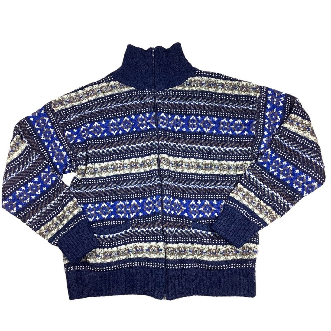 Rob Winter Cable Knit Fair Isle Zip Up Sweater Thermal Waffle Lined Men's L Blue