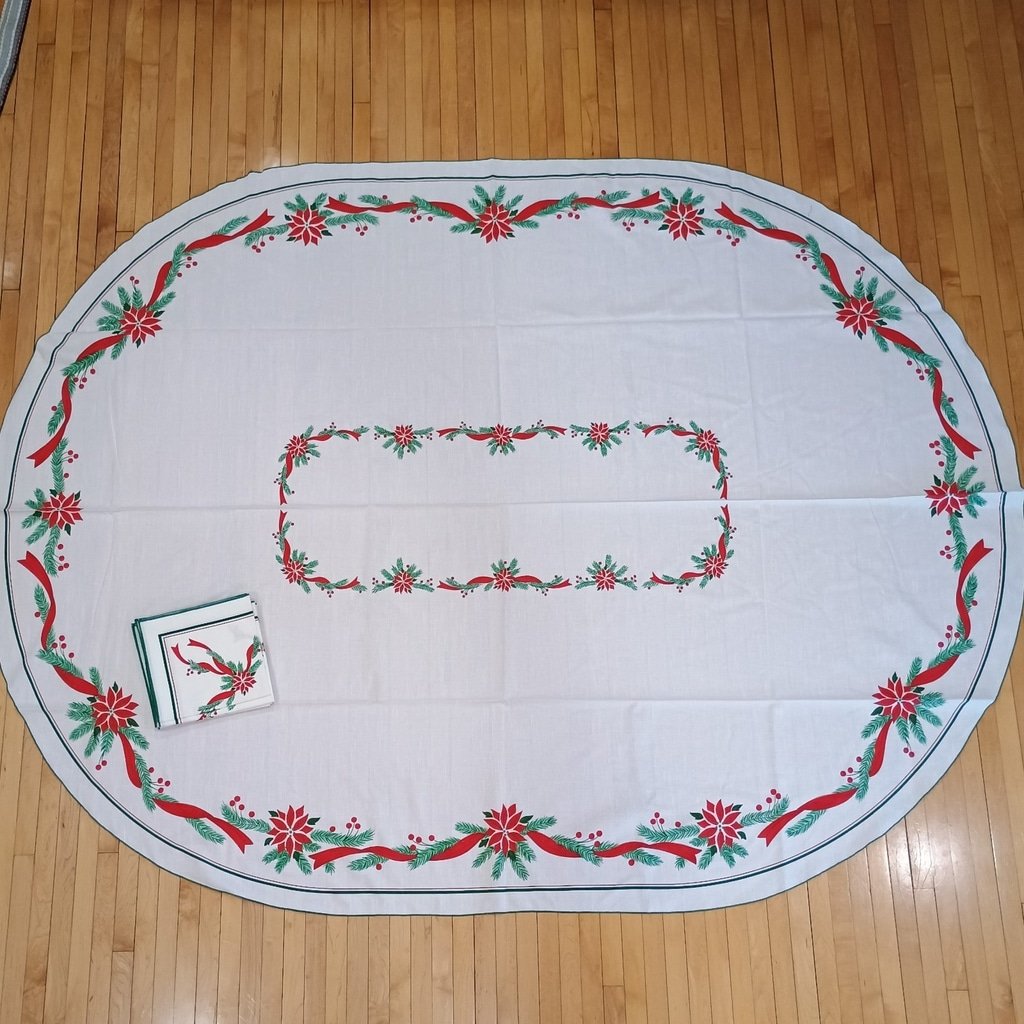 Vintage 1970 Christmas Oval Tablecloth 61x80 & 8 Napkins Poinsettia Holly Ribbon