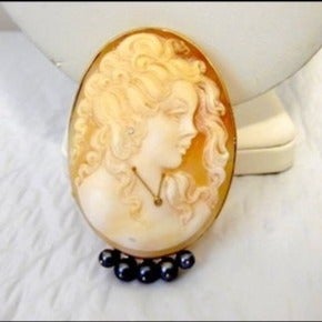 AMEDEO M&M Scognamiglio 60mm 14K Cameo with Black Pearls Pin/Pendant