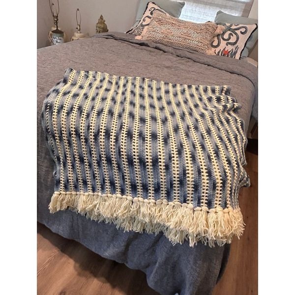 Gorgeous hand knitted throw blues ivory 80” granny