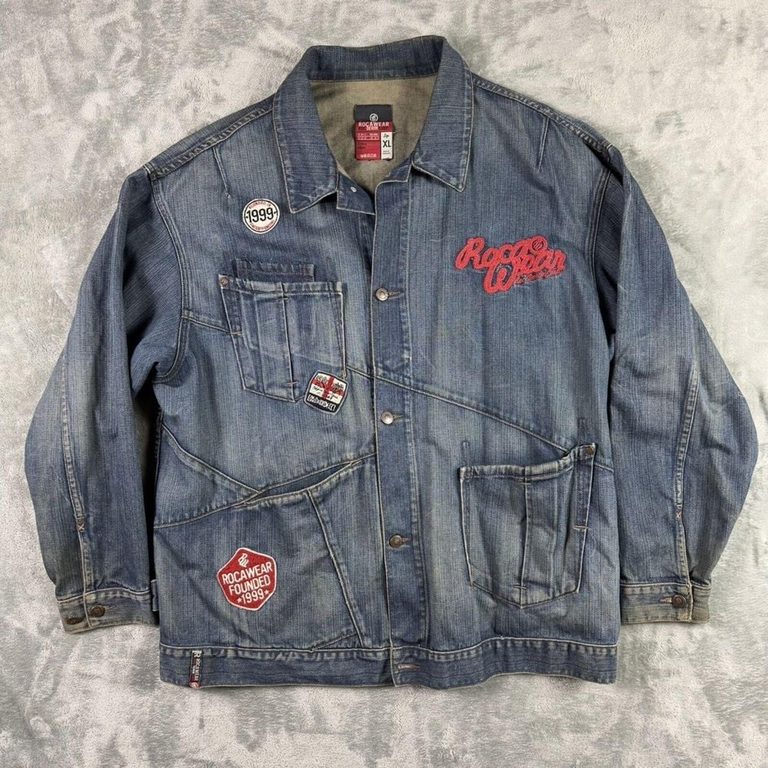 VINTAGE Rocawear Denim Jacket Mens XL Blue Embroidered Hip Hop Barn Coat Y2K
