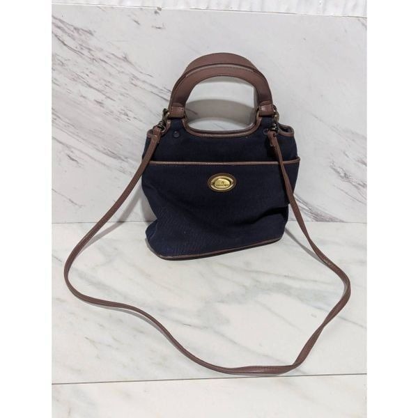 Etienne Aigner Women's Navy Blue Fabric Brown Leather Trim Detachable Shoulder S