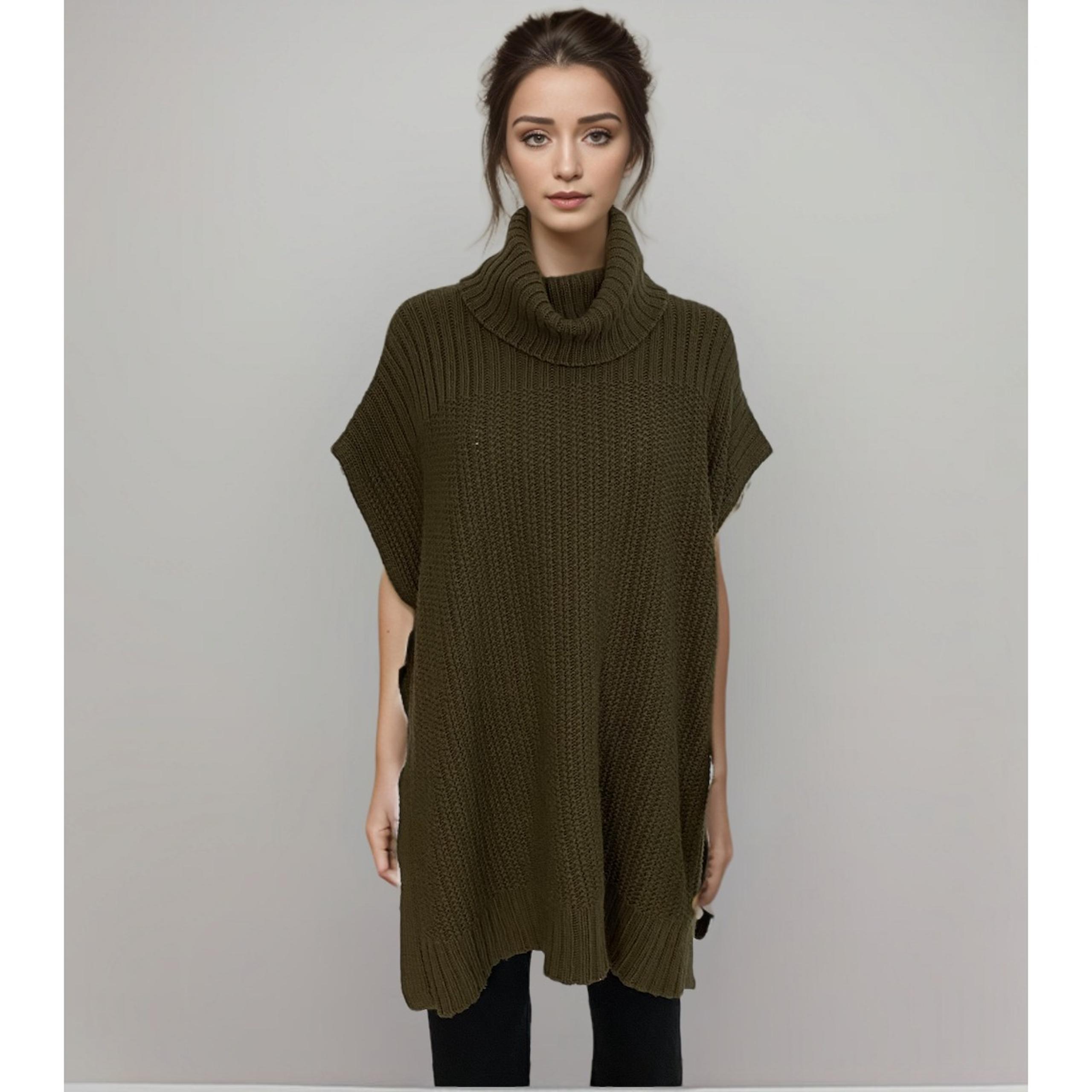 Theory Tunic Sweater Women Sz M/L Dark Green Chunky Knit Ribbed Wool Cashmere
