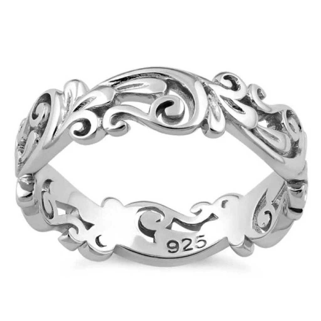 Size 8, STERLING SILVER Open Work Scrolls Swirls Band Ring