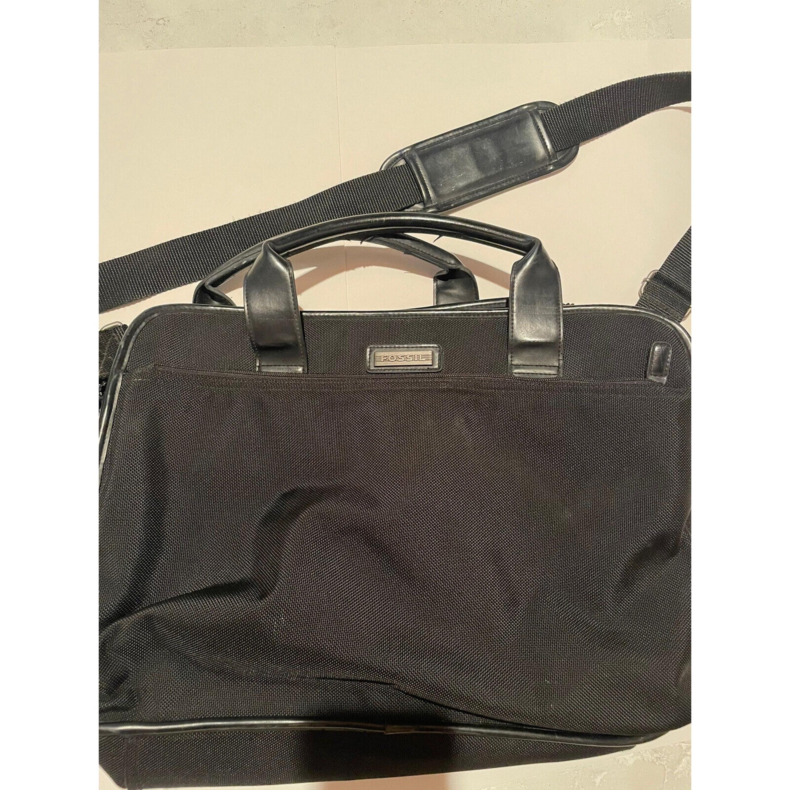 Fossil Canvas Laptop Messenger Briefcase Bag Black Crossbody