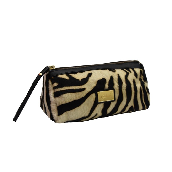 Cavalcanti Leather Animal Hair Cosmetic Travel Wristlet Bag Zebra Brown