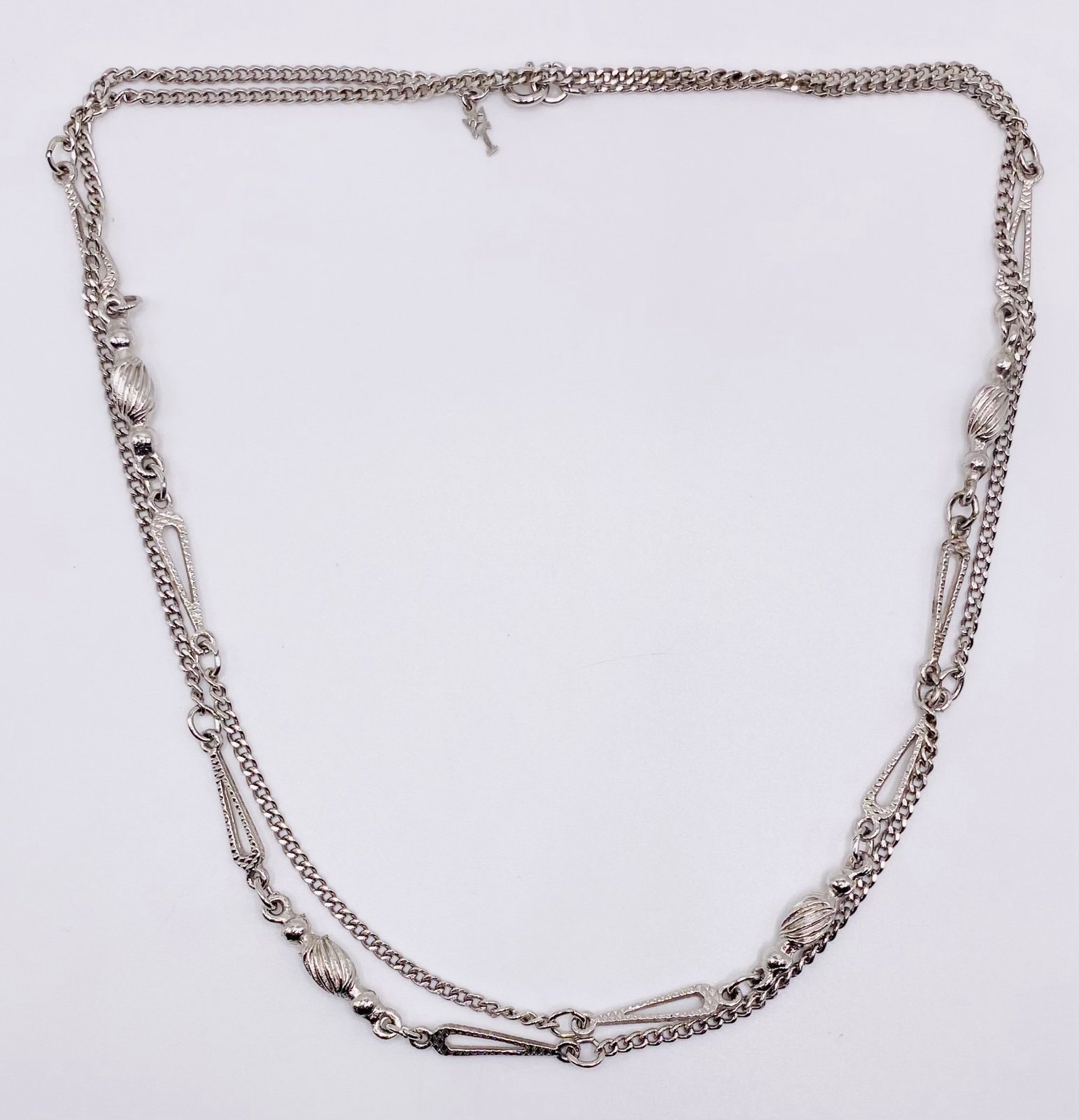 TRIFARI Silver-Tone Bar Bead Link Chain Necklace - 38” - Vintage CROWN TRIFARI