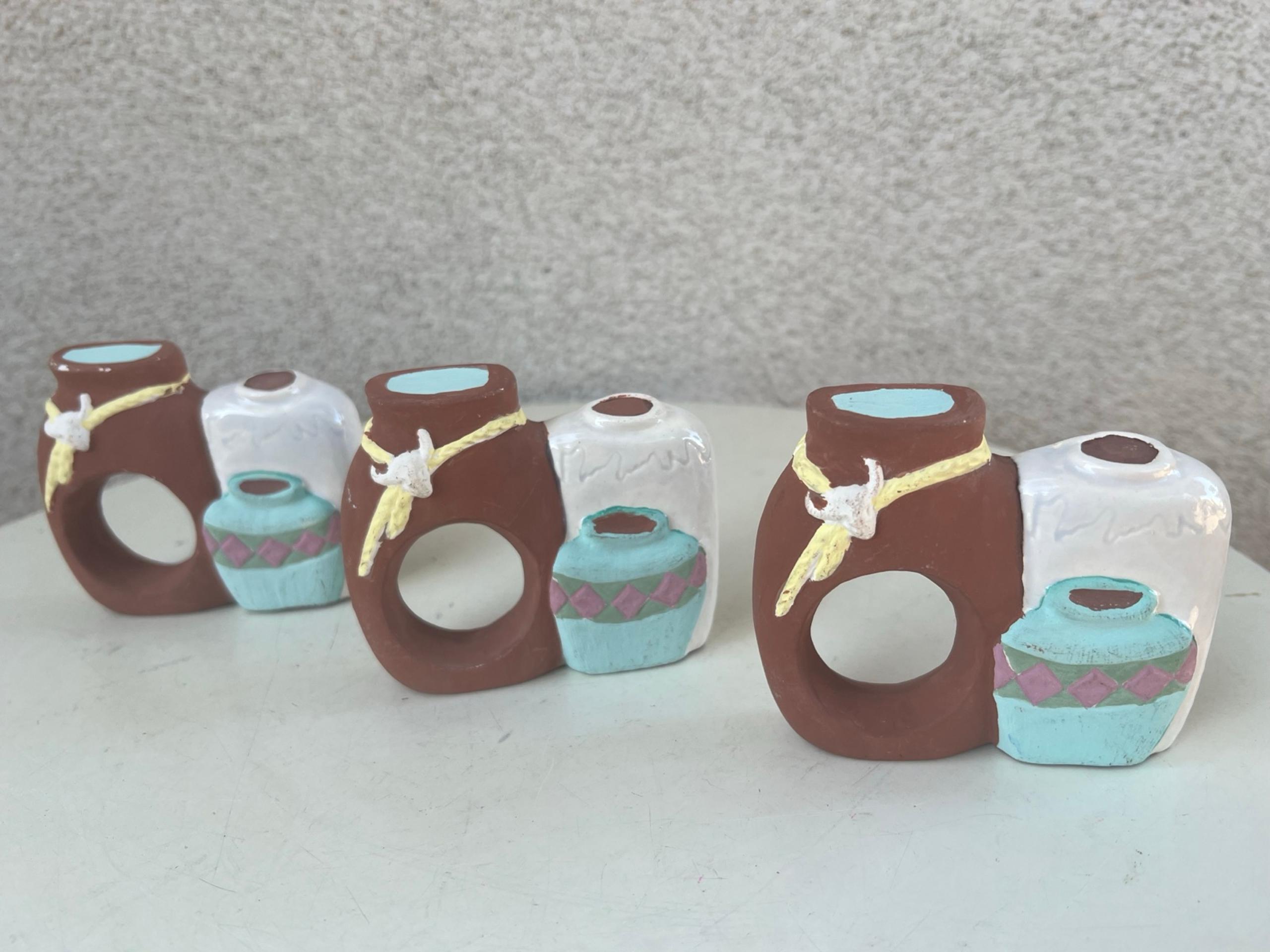 Vintage set 3 napkin rings ceramic Southwest pots theme