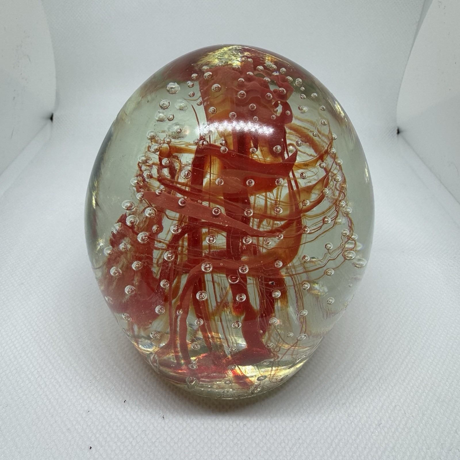Gentile Glass Star City West Virginia Art Glass Paperweight Red Swirls Bubble