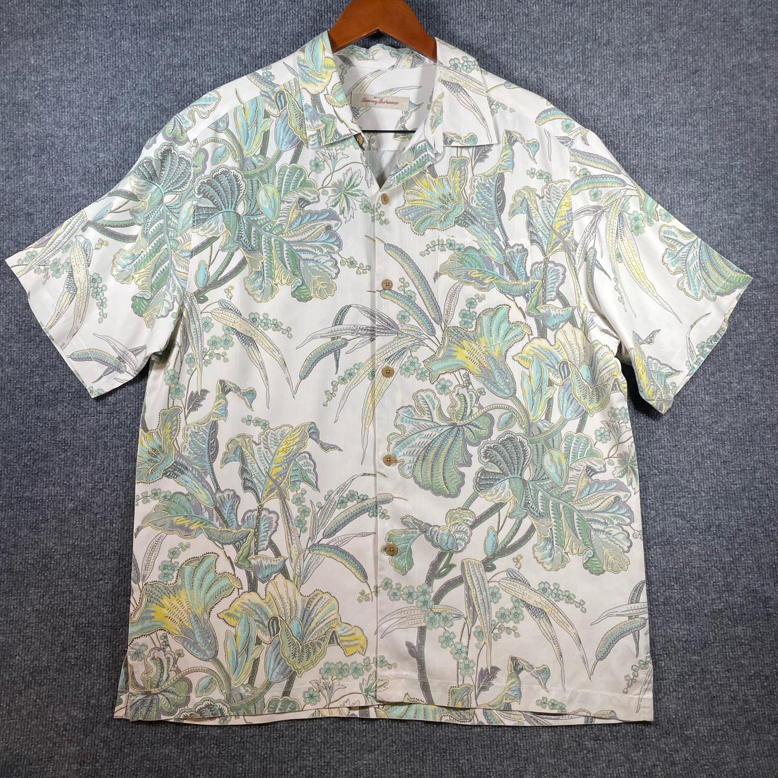 Tommy Bahama Hawaiian Shirt Men's Large White Green Floral Allover Silk Hawaiian