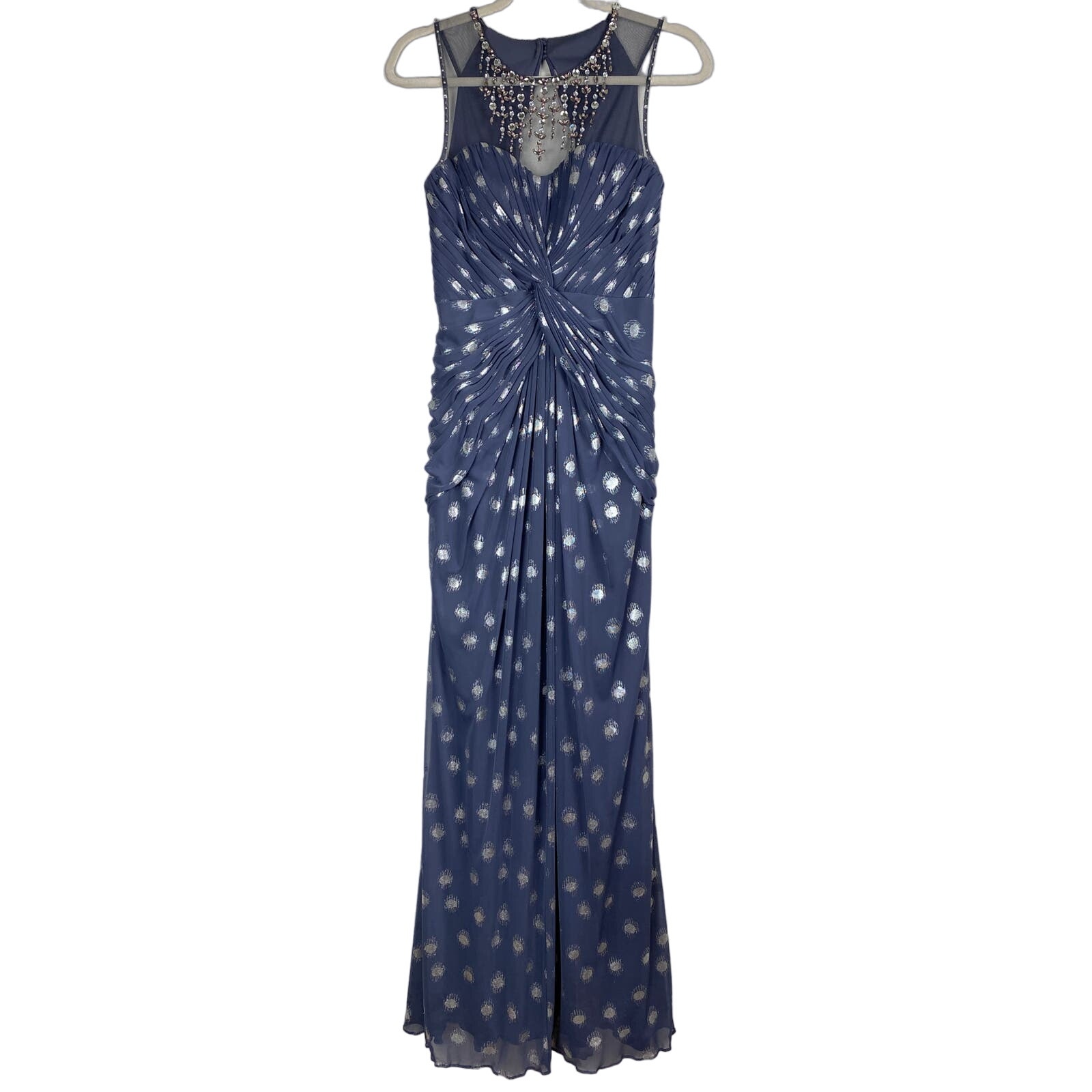 Adrianna Papell Blue Silver Chiffon Twist Front Formal Dress