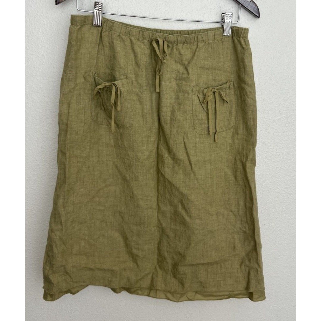 J. Jill Green Linen Midi Skirt Coastal Grandma Coquette Bow Drawstring Pockets