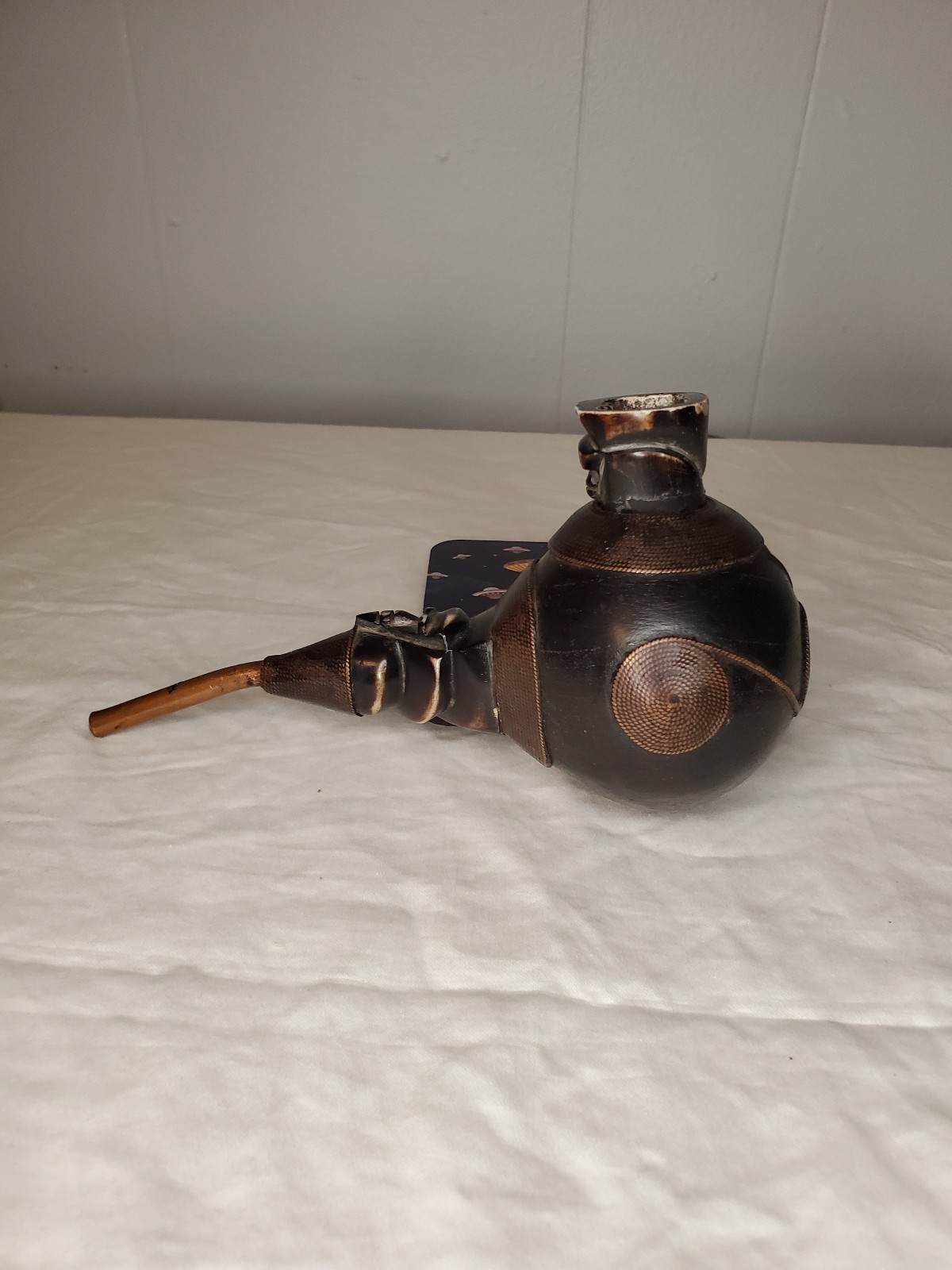 Vintage African Luba Tribal Gourd Pipe Copper/wood Accents.