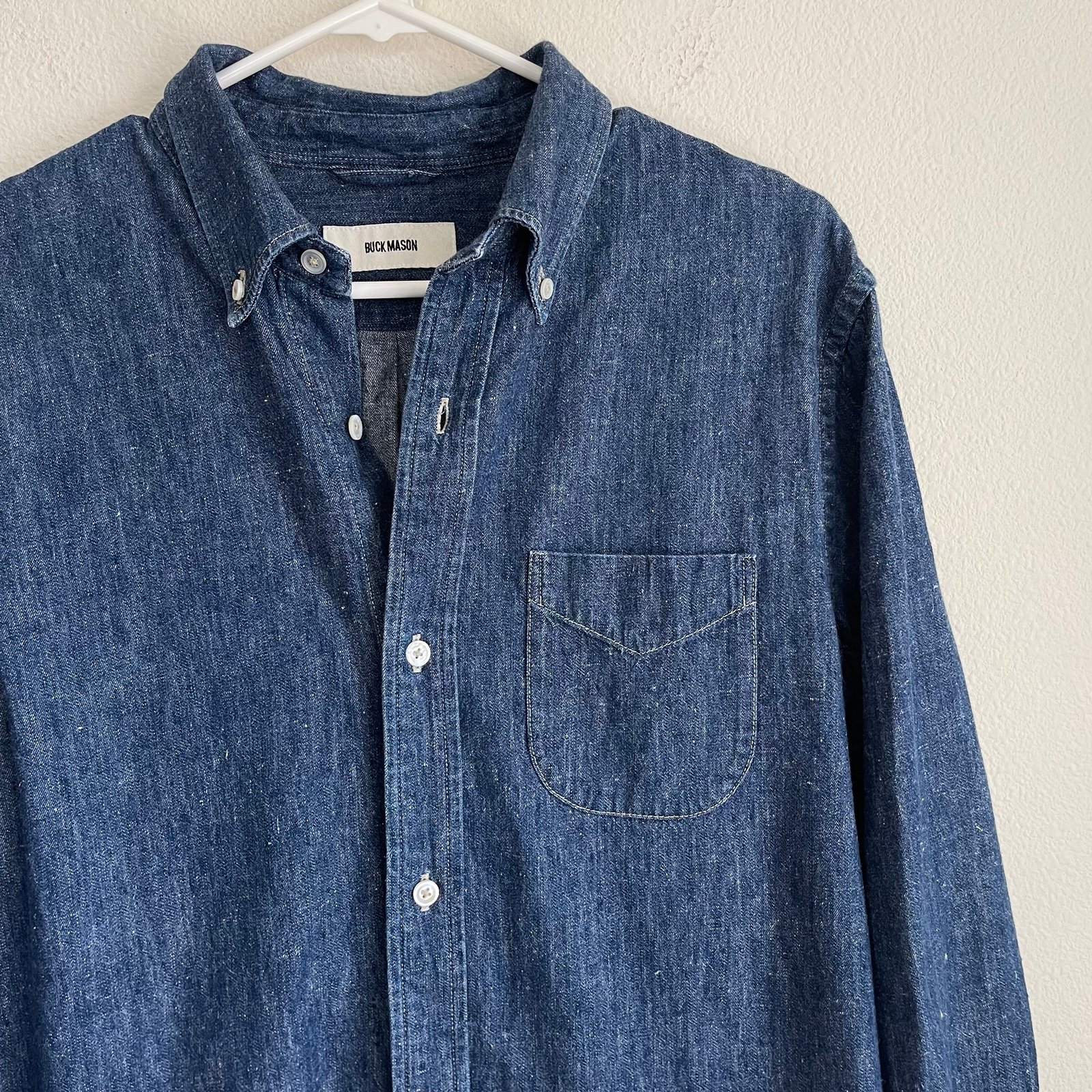 Buck Mason Button Down Long Sleeve Denim One Pocket Shirt