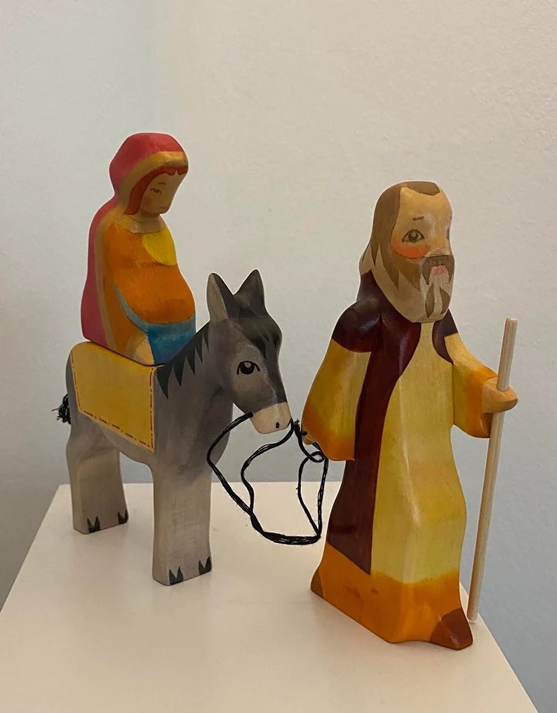 Toy Maria on donkey and Joseph Nativity Scene wood colorful