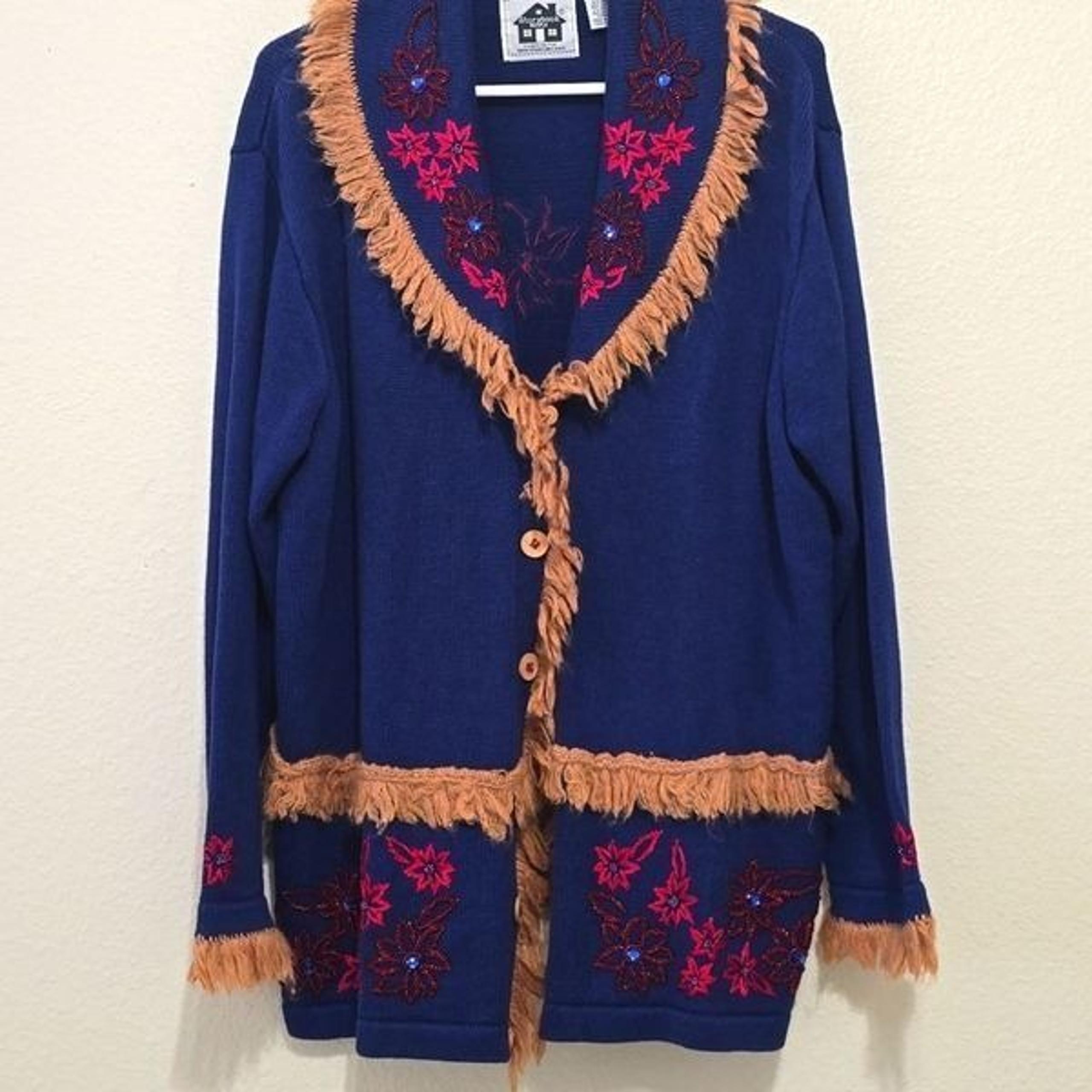 STORYBOOK KNIT Vintage 90s Boho Fringe Beaded Cardigan SZ LARGE